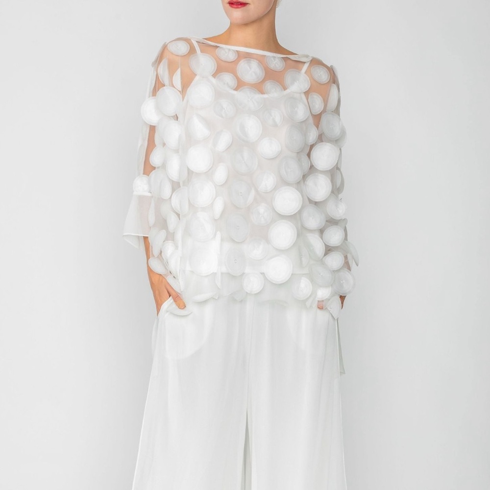 White Boat-Neck See Through Mesh & Chiffon Poncho Top size S